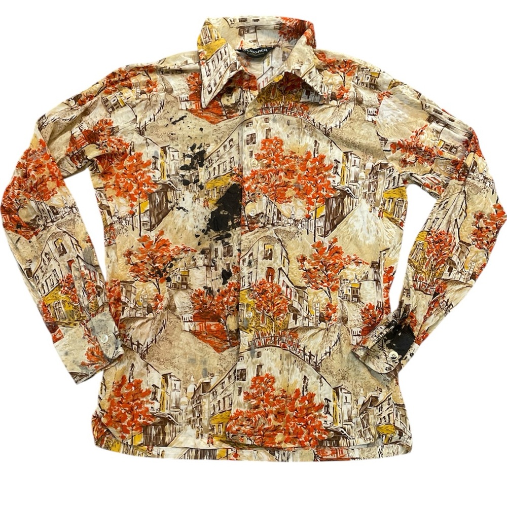 DAMAGED Vintage Daggar Collar Printed Shirt Lightweight Upcycle Project